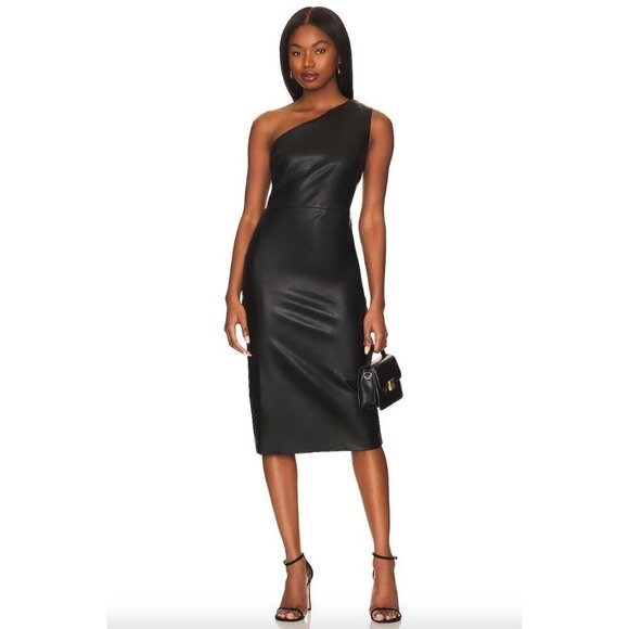 Bardot Oriella Vegan Leather One Shoulder Midi Dress Black Womens Size 2 XS - Picture 1 of 11